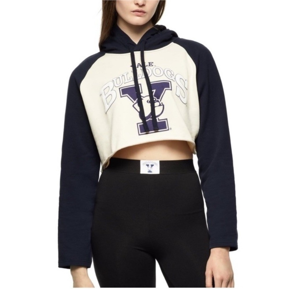 Zara x Yale University Bulldogs Logo Cream Navy Cropped Hoodie Pullover Women M